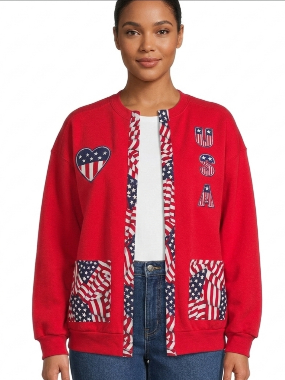 VTG Jerzees USA Flag Fleece Cardigan Sweater Red Flag Patriotic 90's Heart Sz L
